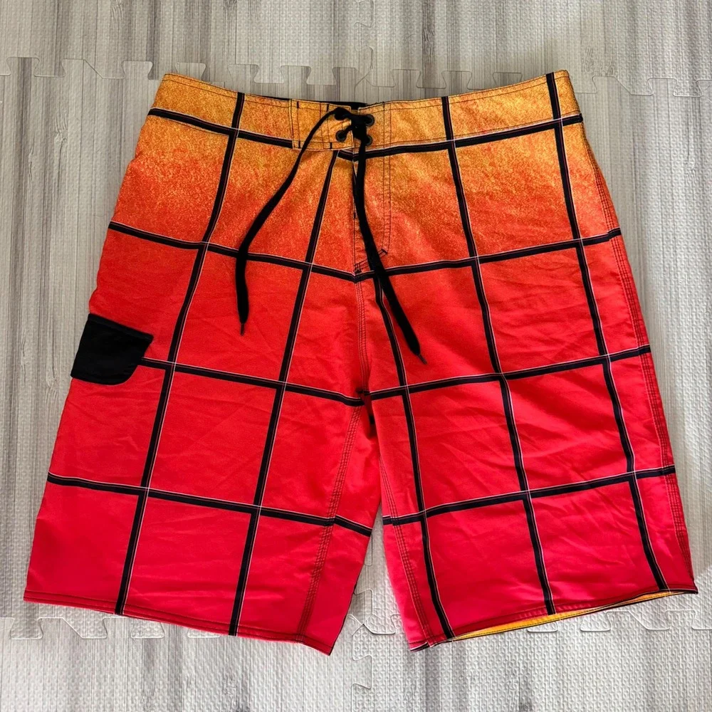 Burnside Board Shorts Mens 36 Orange Red Grid Plaid Swim Trunks Surf Quick Dry